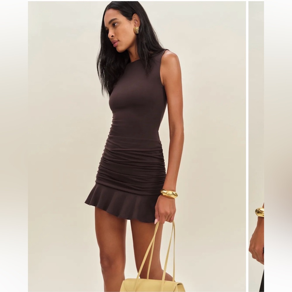 Reformation Amelia Knit Dress - Chocolate Brown Ruched Mini Dress